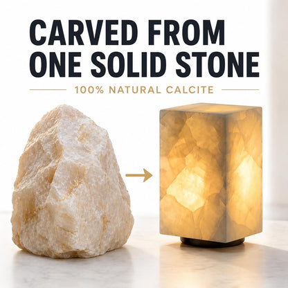 Natural Solid Stone Table Lamp with One-Of-A-Kind Crystal Texture, Small Accent Lamp with 3 Colors Dimmable LED, Unique Lamp for Bedroom Living Room, Cuboid White