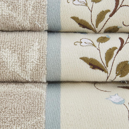 Serene Floral Embroidered 100% Cotton Jacquard Ultra Soft Absorbent Bathroom Towel Set Shower Hand Face Washcloths, See Below, Blue