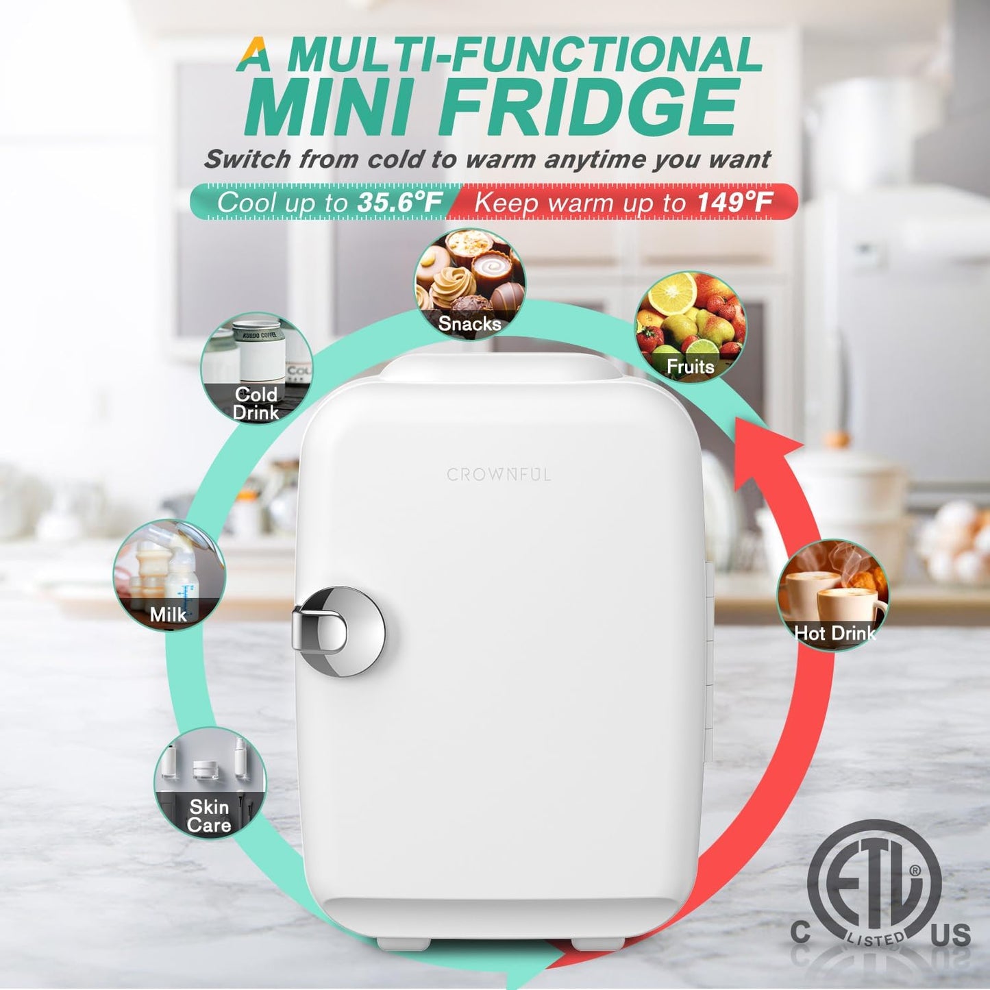 Mini Fridge, 4 Liter/6 Can Portable Cooler and Warmer Personal Refrigerator for Skin Care, Cosmetics, Beverage, Food,Great for Bedroom, Office, Car, Dorm, ETL Listed (White)