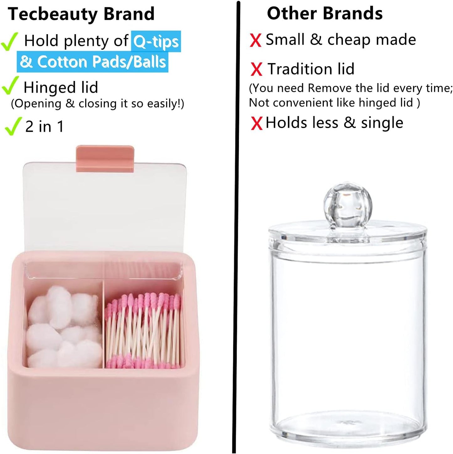 Qtips Storage Organizer - 2 Grids Separate Cotton Swabs Dispenser Qtips Holder Bathroom Canisters with Hinged Lids for Cotton Balls, Cotton Pads, Pink
