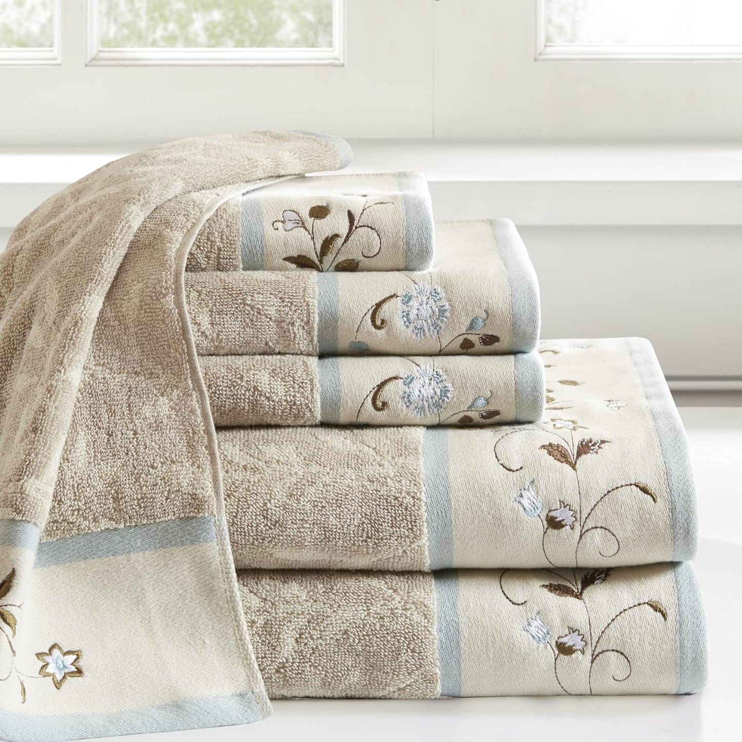 Serene Floral Embroidered 100% Cotton Jacquard Ultra Soft Absorbent Bathroom Towel Set Shower Hand Face Washcloths, See Below, Blue
