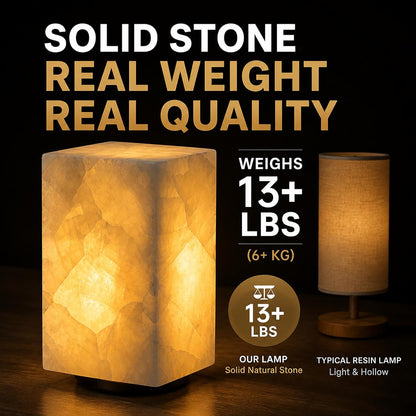 Natural Solid Stone Table Lamp with One-Of-A-Kind Crystal Texture, Small Accent Lamp with 3 Colors Dimmable LED, Unique Lamp for Bedroom Living Room, Cuboid White