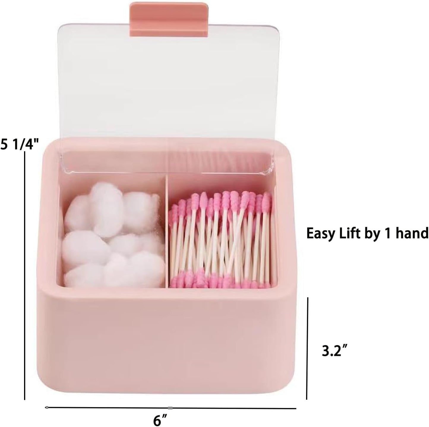 Qtips Storage Organizer - 2 Grids Separate Cotton Swabs Dispenser Qtips Holder Bathroom Canisters with Hinged Lids for Cotton Balls, Cotton Pads, Pink
