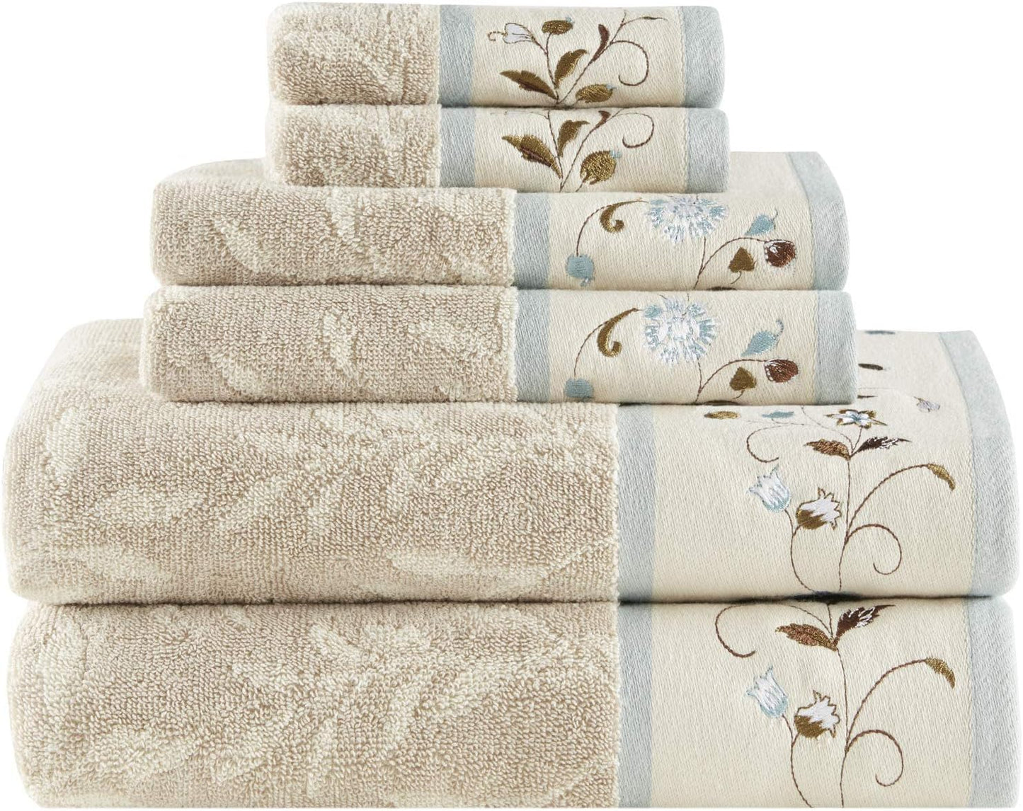 Serene Floral Embroidered 100% Cotton Jacquard Ultra Soft Absorbent Bathroom Towel Set Shower Hand Face Washcloths, See Below, Blue