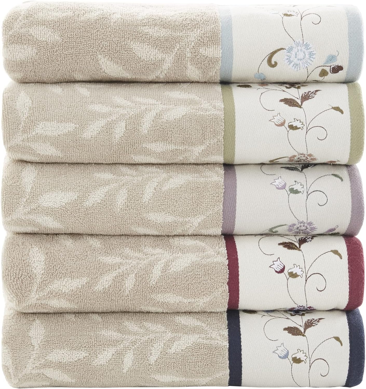 Serene Floral Embroidered 100% Cotton Jacquard Ultra Soft Absorbent Bathroom Towel Set Shower Hand Face Washcloths, See Below, Blue