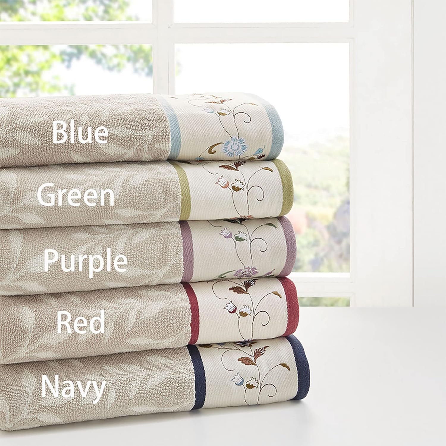 Serene Floral Embroidered 100% Cotton Jacquard Ultra Soft Absorbent Bathroom Towel Set Shower Hand Face Washcloths, See Below, Blue